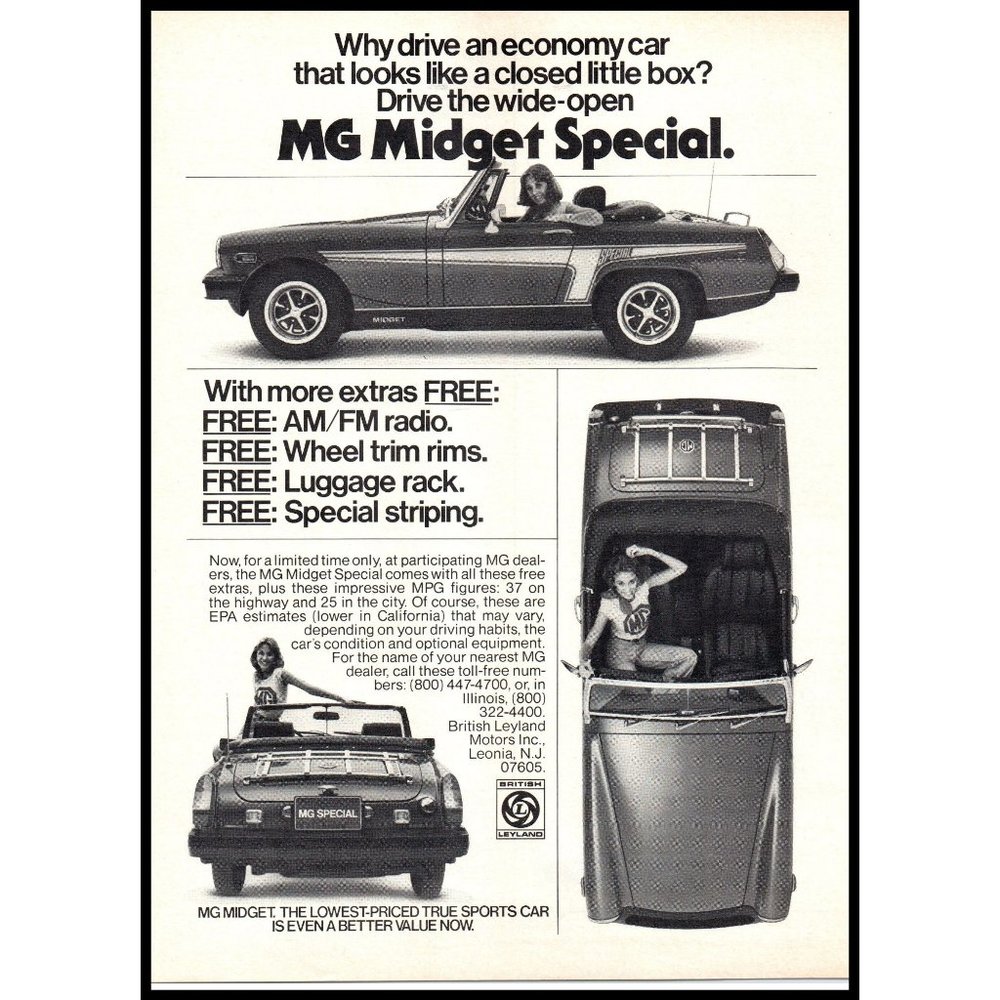1976 MG Midget Special Convertible Roadster Vintage Print Ad Brunette Wall Art